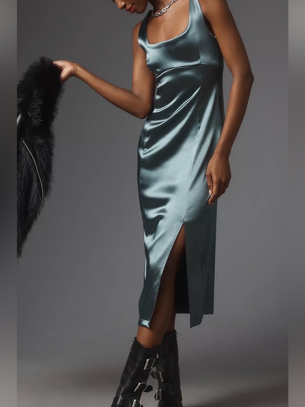 Maeve by Anthropologie Dark Green Satin Midi Dress, Size M, Sleek Evening Wear